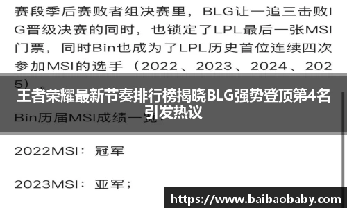 王者荣耀最新节奏排行榜揭晓BLG强势登顶第4名引发热议